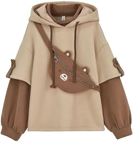 EMILYLE Womens Girls Brown Bear Hoodie Long Sleeve Sweatshirts Cute Pattern Print Kawaii Patchwork Shirts - Medium - Brown-1