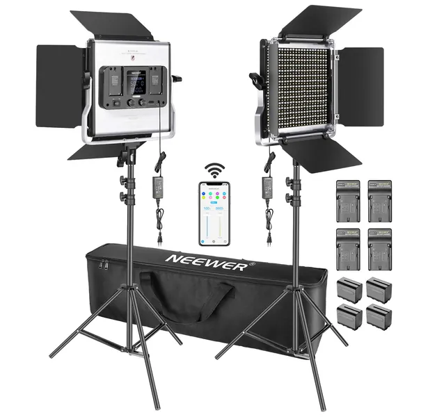 Neewer 2 Packs 660 LED Video Light avec APP Control, Kit d'Eclairage Vidéo de Photographie avec Supports de Lumière, Batteries et Chargeurs, 45W Dimmable Bi-Color 3200K-5600K CRI97+ pour Le Tournage