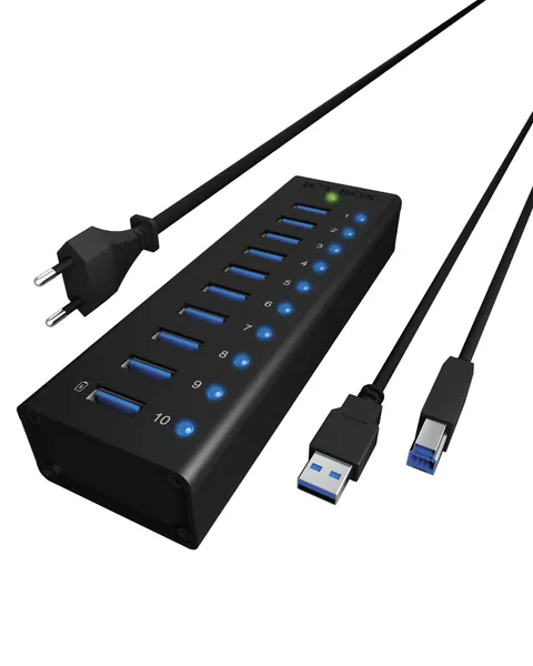 ICY Box USB 3.0 Hub, 10 Port Provides 10x USB 3.0, IB-AC6110 (Provides 10x USB 3.0 Interface up to 5 Gbit/s, Black)