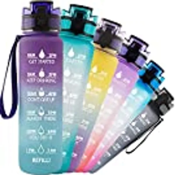 TACGEA Water Bottle 32oz, Motivational Sports Water Bottle with Time Marker to Drink, BPA Free and Leakproof, for Outdoor Fitness Sports and Office, Purple Blue