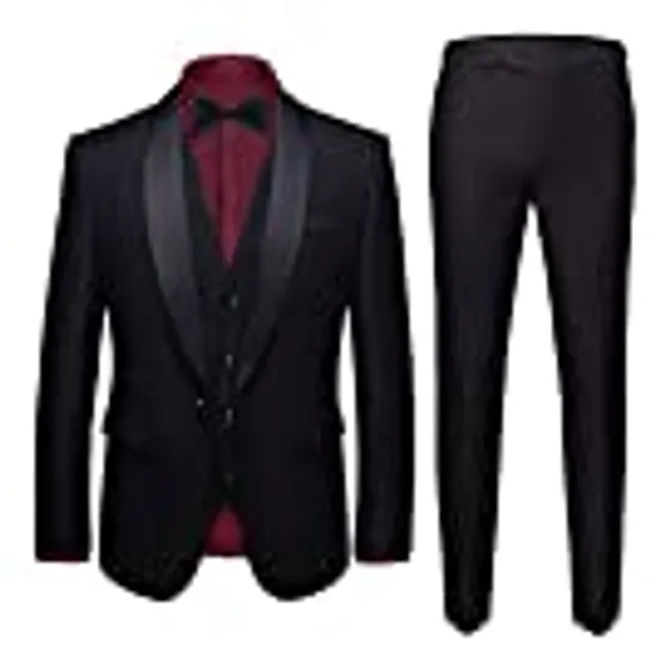 MY'S Mens 3-Piece Suit Shawl Lapel One Button Tuxedo Slim Fit Premium Dinner Jacket Vest Pants & Tie Set