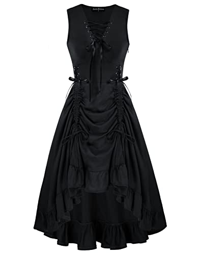 Scarlet Darkness Renaissance Faire Costume Women Lace Up Ruffled Sleeveless High Low Dress Pirate Costume - Black - X-Large