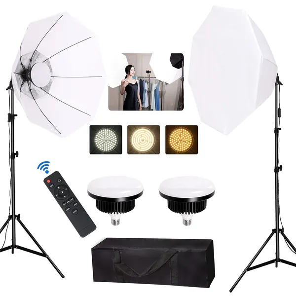 Octagonal Softbox Lighting Kit,360 Degrees Filling Light Photography Lighting Studio Light with 85W E27 3000-6500K Dimmable LED Light Bulb for Live Streaming, Portrait Photography, Video Recording (WHITE SOFTBOX)