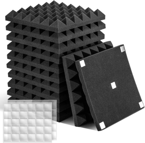 Upgrade Sounds Proof Foam Panels, Kuchoow 24 Pack Acoustic Panels, 2" X 12" X 12" Sound absorbing Panels with Tracless adhesive(120pcs) Sound Absorbing for Studio, Office, Home, Pyramid Type(Black)