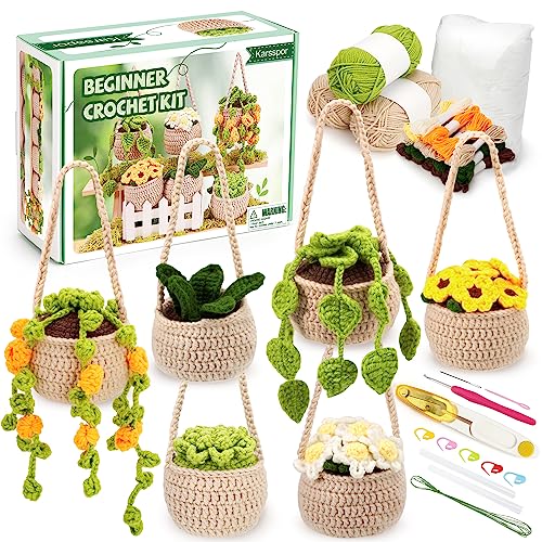 Karsspor Beginner Crochet Kit for Adults - 6 PCS Hanging Potted Plants Crochet, Crochet Starter Kit with Detailed Instructions and Video Tutorials, Complete Crochet Kit for Beginners (Patent) - 6 PCS Hanging Potted Plants