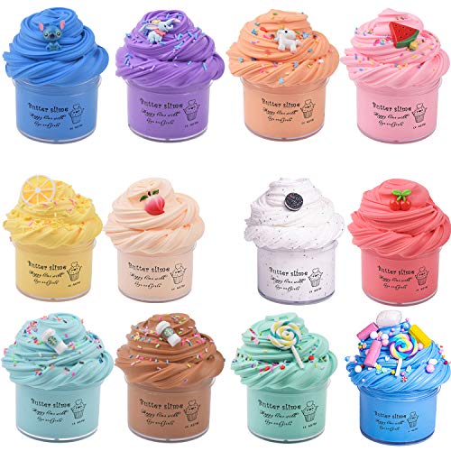 Keemanman 12 Pack Butter Slime Kit with Blue Stitch, Elephant, Unicorn, Watermelon, Lemon, Peach, O-REO, Cherry, Latte, Coffe and Candy Charms, Scented DIY Slime, Stress Relief Toy for Girls and Boys - 12 Pack