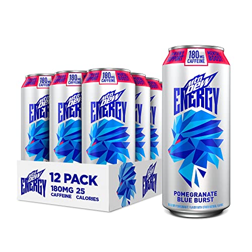 MTN DEW ENERGY, Pomegranate Blue Burst, 16oz Cans (12 Pack), 0g added sugar, 5% juice, Zinc to help support immune function, Citicoline and caffeine for mental boost*, Antioxidants Vitamins A&C - Pomegranate Blue Burst