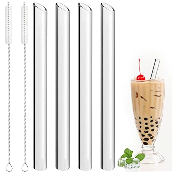 Reusable Glass Boba Straws, 14mm Extra Wide Clear Straws for Smoothies, Bubble Tea, Pack of 4 Glass Boba Straws with 2 Cleaning Brush (4Pcs Slanted Cut)