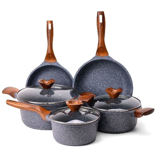 La Moustache - 8 Delar Köksredskap Set i Aluminium med Non-Stick Beläggning, 3 Grytor med 3 Lock av Härdat Glas och 2 Stekpannor för Alla Spishällar, Även Induktion, PFOA Fri (Amalfi) - 8 stycken Amalfi