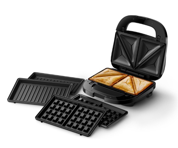 Philips 5000-serien smörgåsmaskin – 3 plattor för paninis, smörgåsar och våfflor. Grillplattor med nonstick. Cut-and-Seal. 750W Effekt. Svart (HD2350/80)