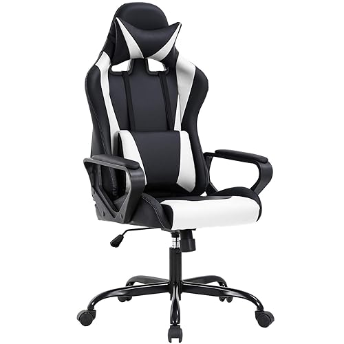 BestOffice High-Back Gaming Chair PC Office Chair Computer Racing Chair PU Desk Task Chair Ergonomic Executive Swivel Rolling Chair with Lumbar Support for Back Pain Women, Men,White - White
