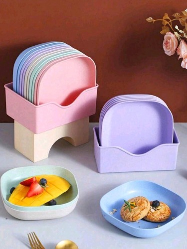 Set de 10 platos de plástico de colores aleatorios con caja de almacenamiento