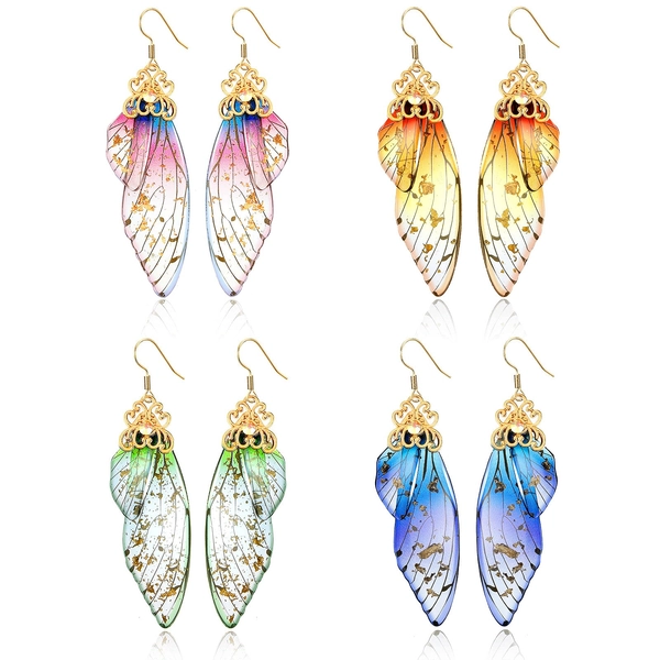 4 Pairs Butterfly Wing Drop Earrings Butterfly Fairy Dangle Earrings Multicolored Butterfly Wing Hook Earrings Simulation Insect Butterfly Wings for Women Girl Wedding Jewelry - Vintage Style