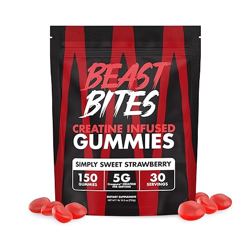 BEAST BITES - Creatine Gummies - 5g Creatine Monohydrate Per Serving - Low-Calorie & Vegan - Made in The USA - Strawberry Flavor - 30 Servings - Strawberry