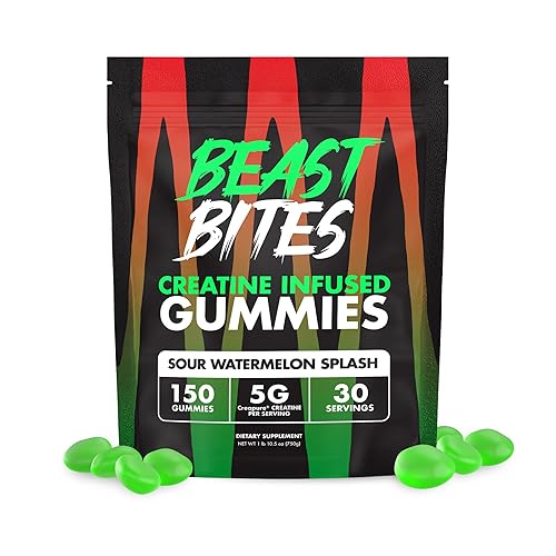 BEAST BITES - Creatine Gummies - 5g Creatine Monohydrate Per Serving - Low-Calorie & Vegan - Made in The USA - Watermelon Flavor - 30 Servings - Sour Watermelon