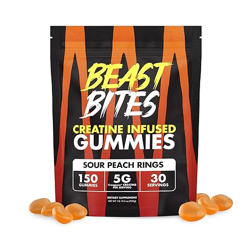 BEAST BITES - Creatine Gummies - 5g Creatine Monohydrate Per Serving - Low-Calorie & Vegan - Made in The USA - Peach Flavor - 30 Servings - Sour Peach
