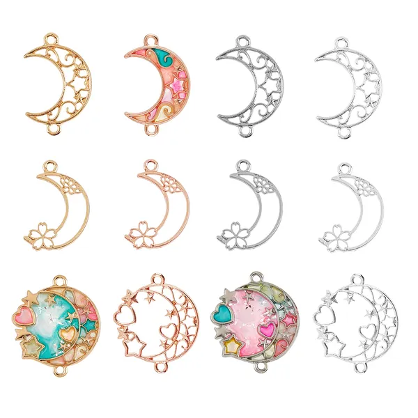 OLYCRAFT 24pcs Moon Theme Open Back Bezel Pendants 4-Color Open Bezel Charms Alloy Frame Pendants Hollow Resin Frames with Loop for Resin Jewelry Making - 3 Style
