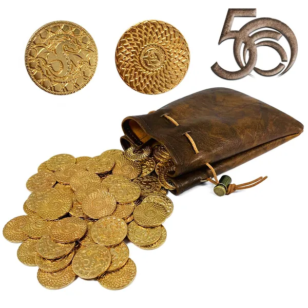 Byhoo 50 D&D Fantasy Metal Gold Coins & Leather Pouch for Dungeons and Dragons Novelty Tabletop RPG Board Games Tokens Treasure Coins for Party Tablelap Games Accessories Addons Medieval Game Retro