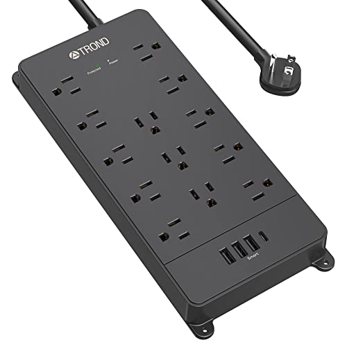 TROND Power Strip Surge Protector, 4000J, ETL Listed, 13 Widely-Spaced Outlets Expansion with 4 USB Ports(1 USB C), Low-Profile Flat Plug, Wall Mountable, 5ft Extension Cord, 14AWG Heavy Duty, Black - 5 FT Upgraded Thin Plug - 13 Outlets - Black