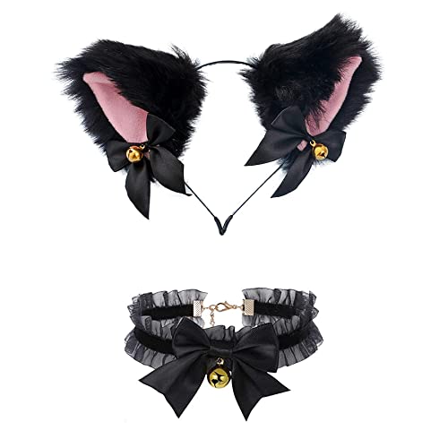Faylay Cosplay Girl Plush Furry Cat Ears Headwear Accessory for Cam Girl Party - 4-hmflhhdj&necklace