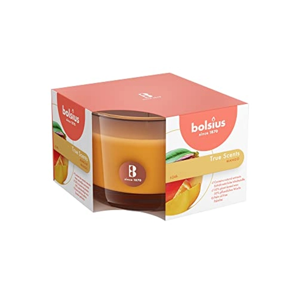 Bolsius True Scents Candela Profumata in Giara - Fragranza Mango - Colore Arancio - Medium - Lunga Durata di 24 Ore - Estratti Naturali - Candela Decorativa - Cera - Senza Fumo - 6.3 x 9 cm