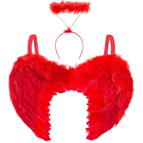 Red Angel Wings and Halo Band – Women’s Fairy Costume - Wings with Large Feathers and Red Halo Headband for Dress Up - Adult Fancy Dress Costume for Carnival/ Halloween Party
