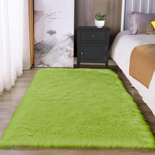 Latepis Olive Green Grass Rug 3x5 Faux Fur Rug for Dorm Bedroom Alfombras para Habitacion Fluffy Furry Rugs for Living Room Washable Rug Shaggy Rug for Rectangle Rug - 3 x 5 ft Rectangle - Olive Grass Green