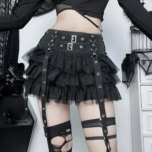 'Dark Fairytale' Black Ruffle Buckle Goth Mini Skirt - black / S
