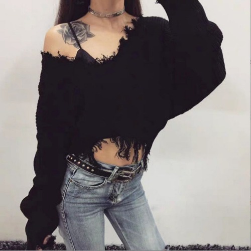 Black Ripped Torn Edge Sweater Grunge Alternative Streetstyle - Black / S
