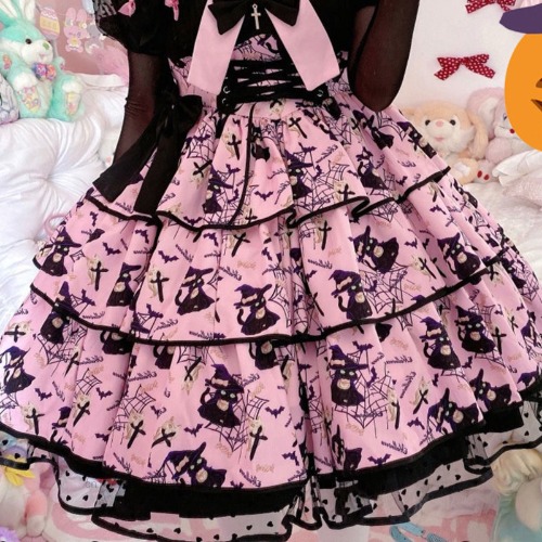 Victorian Sweet Black Pink Lolita Dress Women Elena Elegant Luxury Y2k Chic And Elegant Woman Dress Witch Pattern Midi Dress