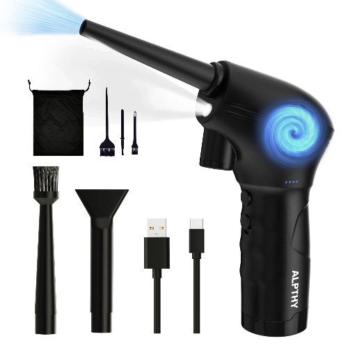 ALPTHY Compressed Air Duster Keyboard Cleaner, New Airflow Design Stronger than other 91000RPM Duster, 15W Fast Charging, Battery Indicator, Replaces Compressed Air Cans, 15000mAh Rechargeable Battery - 