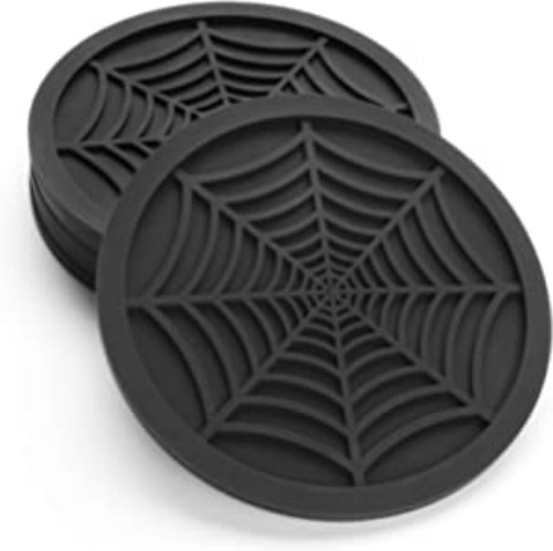 Silicone Coasters For Drinks - 6 Pack Unique Design Spider Drink Coasters, 4" Black Coaster Set by COASTERFIELD