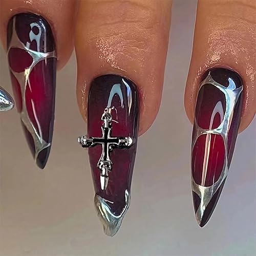BABALAL Stiletto Press on Nails Long Fake Nails Black Red Glue on Nails Almond Acrylic Nails with Goth Design Stick on Nails for Women and Girls 24Pcs - Nq201black