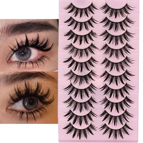 DSLONG 10 Pairs Manga Lashes Wet Look Lashes Effect Cat Eye Lashes Extension Fluffy Spiky Mink Lashes Japanese Cosplay Styles Anime Fake Eyelashes Reusable - A-04