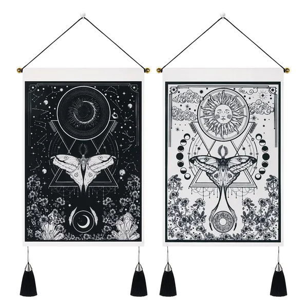 Pack of 2 Tapestry Sun and Moon Tapestry Moth Tapestries Black and White Tapestry Flower Vine Tapestry Wall Hanging for Room (13.8 x 19.7 inches) - Black and White 13.8" x 19.7"