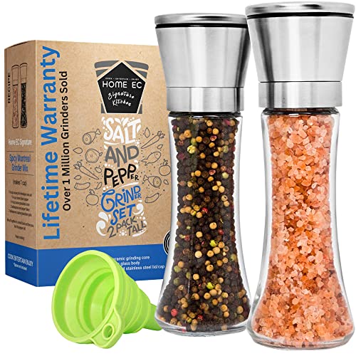 HOME EC Original Salt and Pepper Grinder Set - Adjustable Sea Salt Grinder & Pepper Grinder - Stainless Steel & Glass Salt and Pepper Shakers - Pepper Mill & Salt Mill - Modern Kitchen Accessories - Clear Glass - 2pk