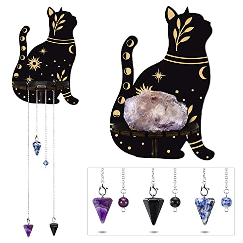 Cute Wall Shelf Wooden Crystal Shelf with 3 Crystals Stones Wall Mounted Crystal Display Shelf Decorative Crystal Wall Shelf Crystal Organizer Floating Shelves for Living Room Bathroom Decor (Cat) - Cat