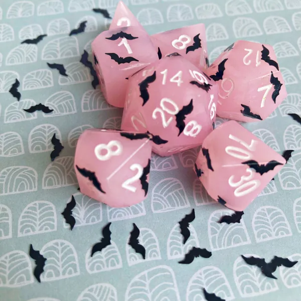 Pink and  Black Bats DND Dice Set for Dungeons and Dragons Table Top RPGS. Pastel Goth Colorful Unique Polyhedral Dice Full Seven Set.