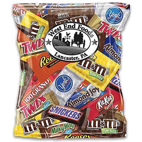 Bundle with (2 LB) Fun Size Chocolate Candy Variety Pack Plain & Peanut M&M's, Snickers, Milky Way, Reese's, York Peppermint Patties, 100 Grand Bars, Almond Joys, and Many More Bars - Bulk 2 Pound