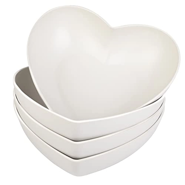 XUEJUN 4pcs Bamboo Fiber Big Heart-shaped Bowls White Deep Heart Plates Salad Bowl/Fruit Bowl for Desserts/Pasta/Dinner (9.7inch, White)