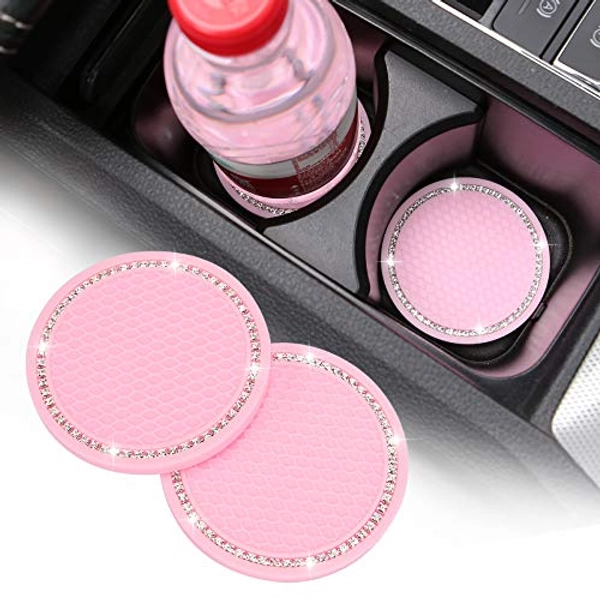 2 Pack Bling Car Cup Holder Coasters, 2.75 Inch Soft Bling Crystal Rhinestone Rubber Pad Set Round Auto Cup Holder Insert Drink Coaster Car Interior Accessories