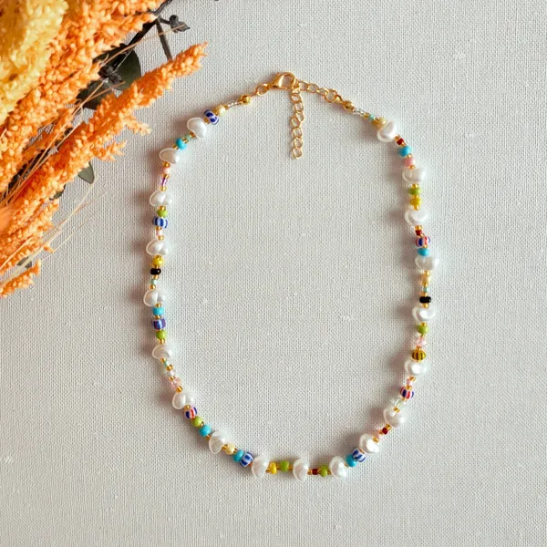 Collier de perles arc-en-ciel, collier de perles de perles colorées, tour de cou perlé, collier de perles de graines, collier de perles d&#39;eau douce, tour de cou de perles colorées