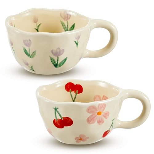 Vesici 2 Pcs Ceramic Coffee Mug Creative Flower Cup Floral Mug with Handles 8.5 oz Cute Aesthetic Tea Porcelain Mug for Office Home, Dishwasher and Microwave Safe (Pink Cherry, Purple Tulip) - Cute