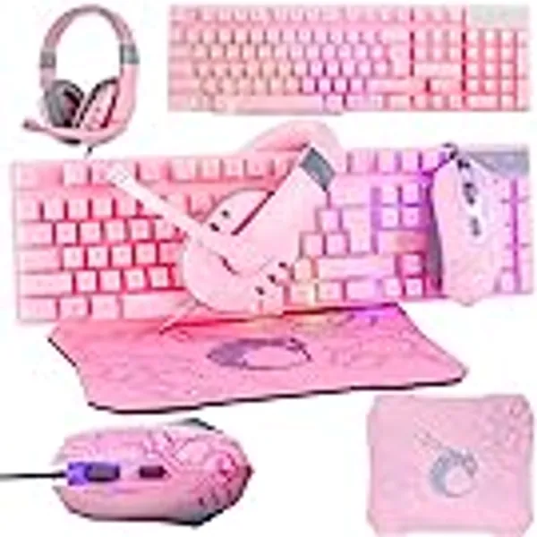 Pink Gaming Keyboard and Mouse Headset Headphones and Mouse pad, Wired LED RGB Backlight Bundle Pink PC Accessories for Gamers and Xbox and PS4 PS5 Nintendo Switch Users - 4in1 Edition Hornet RX-250