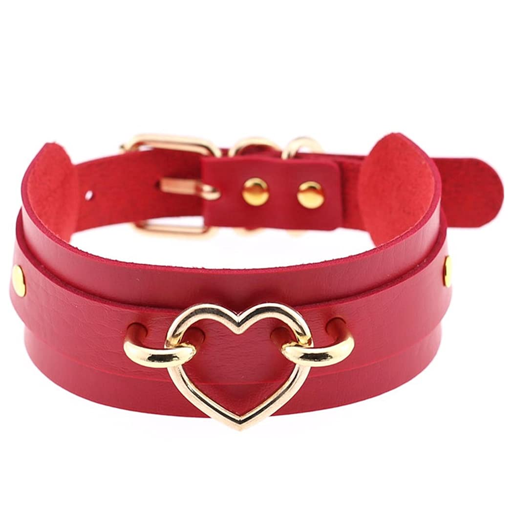 Aabellay Breit Lederhalsband Halskette Herz Form Damen Leder Choker Metall Ring Halsband Gotik Punk Rock Lederband Einstellbar Kragen - Rot mit Gold Herz
