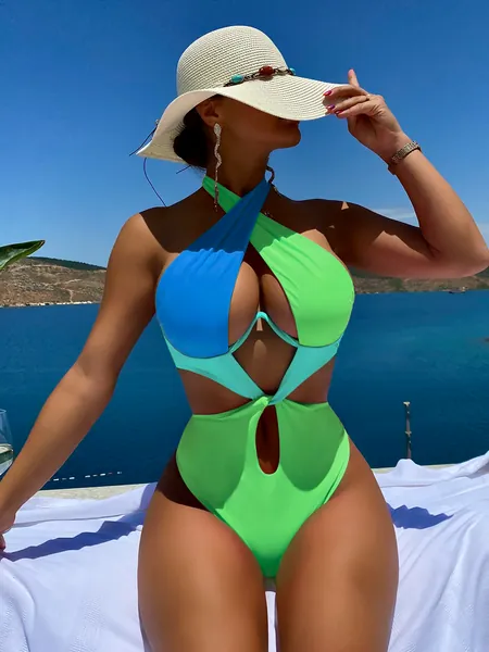 Badeanzug mit Farbblock, Ausschnitt, Bügel