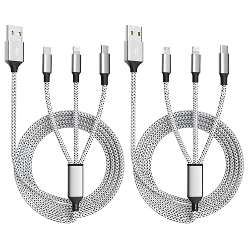 Multi Charging Cable, (2 Pack 4FT) Multi USB Charger Cable 3 in 1 Charging Cable Nylon Braided Fast Charging Cord with Type-C, Micro USB, Lightning, IP Port for Most Phones/iPads/iPhones/Tablets - Grey