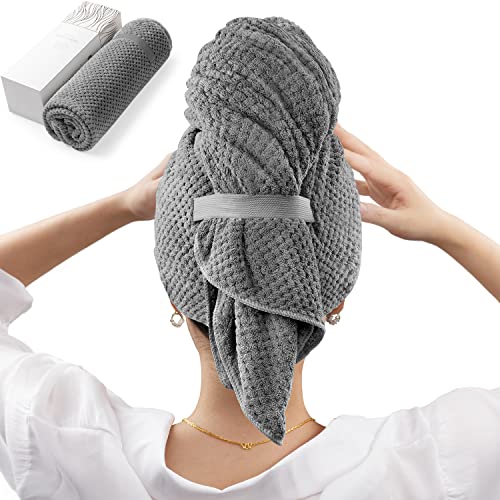 YFONG Large Microfiber Hair Towel Wrap for Women, Hair Drying Towel with Elastic Strap, Fast Drying Hair Turbans for Wet Hair, Long, Thick, Curly Hair, Super Soft Hair Wrap Towels Dark Gray - Gray - Large