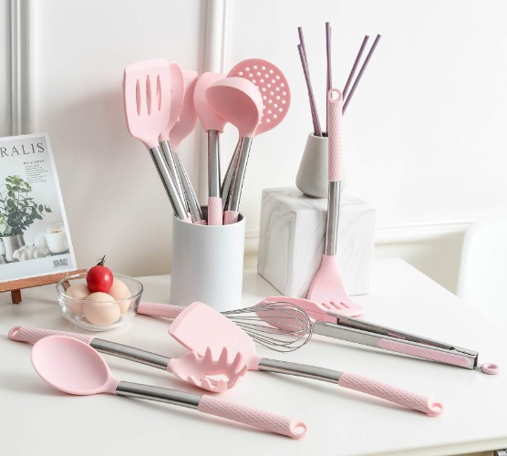 Rorence Silikon-Kochgeschirr-Set:12-teilige Küchenutensilien Antihaft- und hitzebeständig Silikon- und Edelstahlgriffe - Pink - Rose