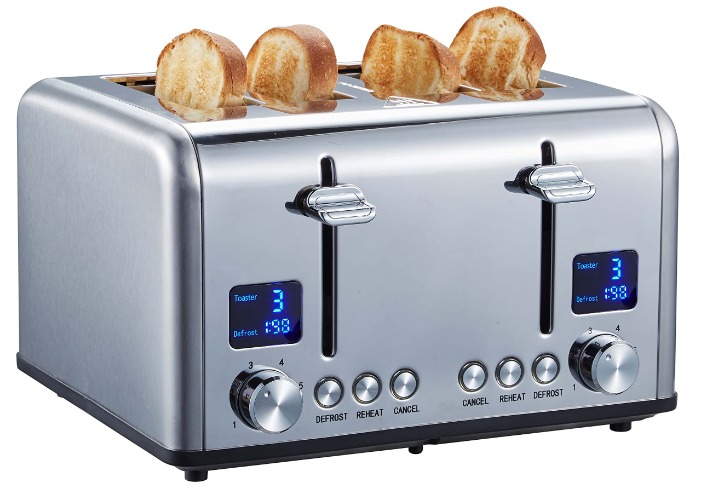 Toaster Langschlitz | Digitales Display mit Countdown | Beleuchtete Tasten | 4 Scheiben Toastautomat | XXL Toaster | 1630 Watt | Brötchenaufsatz | Auftau-Funktion | Krümmelschublade | - 